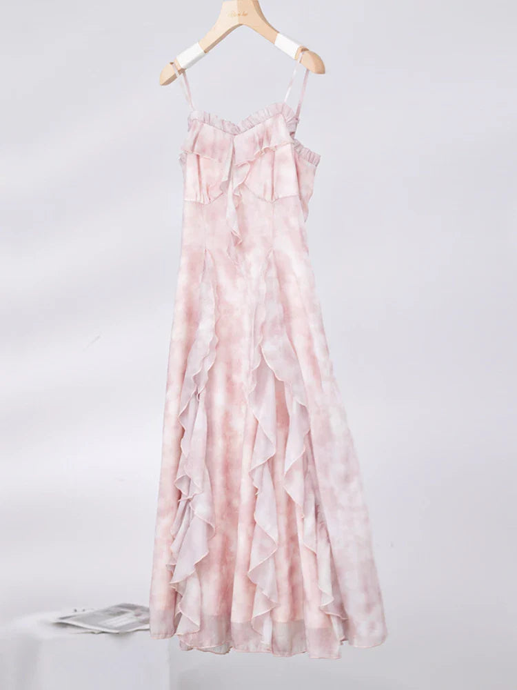 Casual Fairy Floral Strap Dress Women Chiffon Elegant Evening Party Midi Dress Ruffle Sweet Korean Dress Women Sweet Summer