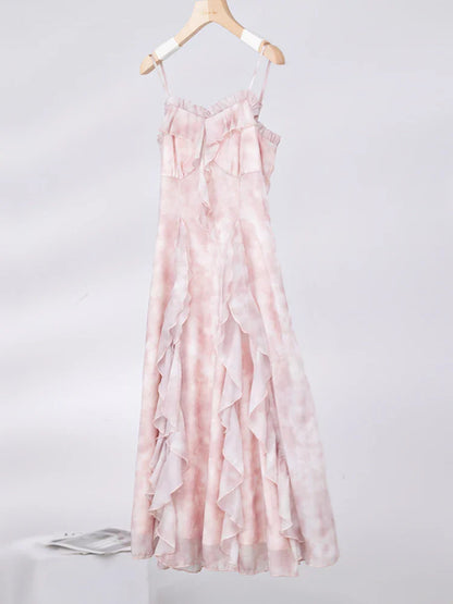 Casual Fairy Floral Strap Dress Women Chiffon Elegant Evening Party Midi Dress Ruffle Sweet Korean Dress Women Sweet Summer
