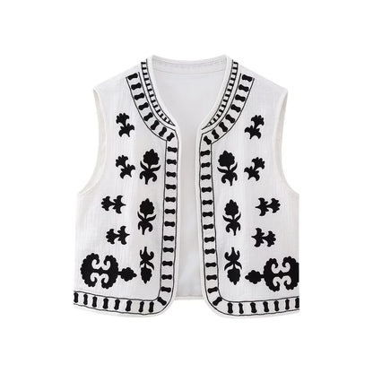 maoxiangshopWomen Fashion Y2k Vintage Floral Embroidery Vest Top V Neck Loose Casual Summer Woman Short Cardigan Waistcoat Chic Tops