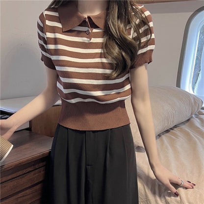 maoxiangshop Summer Vintage Striped Polo Collar T Shirts Women's Knitted Short Sleeve Thin Cropped Tshirt Crop Top For Slim Girls