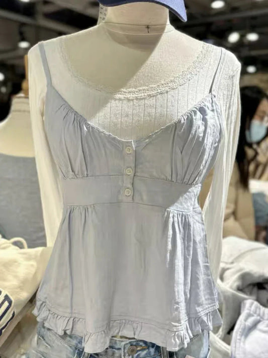 maoxiangshopCute Ruffles Crop Top Summer Sleeveless Buttons Solid Sweet Girl Vest Vintage Y2k Slim Tank Tops for Woman Chic Ins Style