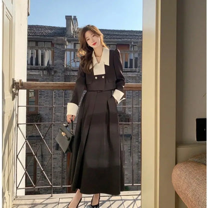 maoxiangshop Autumn Elegant 2 Piece Dress Set Women Slim Vintage Party Office Lady Korean Suit Long Sleeve Crop Tops + Casual Midi Skirt