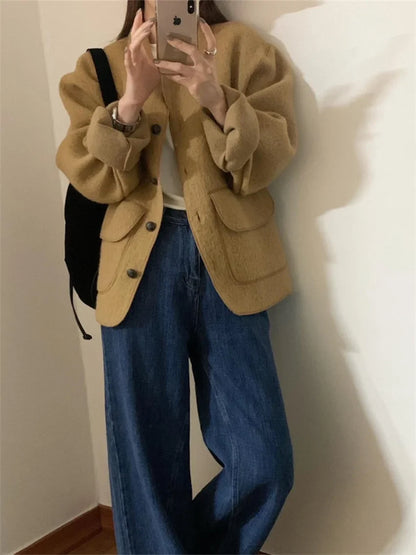 maoxiangshop  -  Chic Solid Woolen Jackets Loose Women New Warm 2025 Vintage Slim Winter Streetwear Elegant Fashion Daily Coats