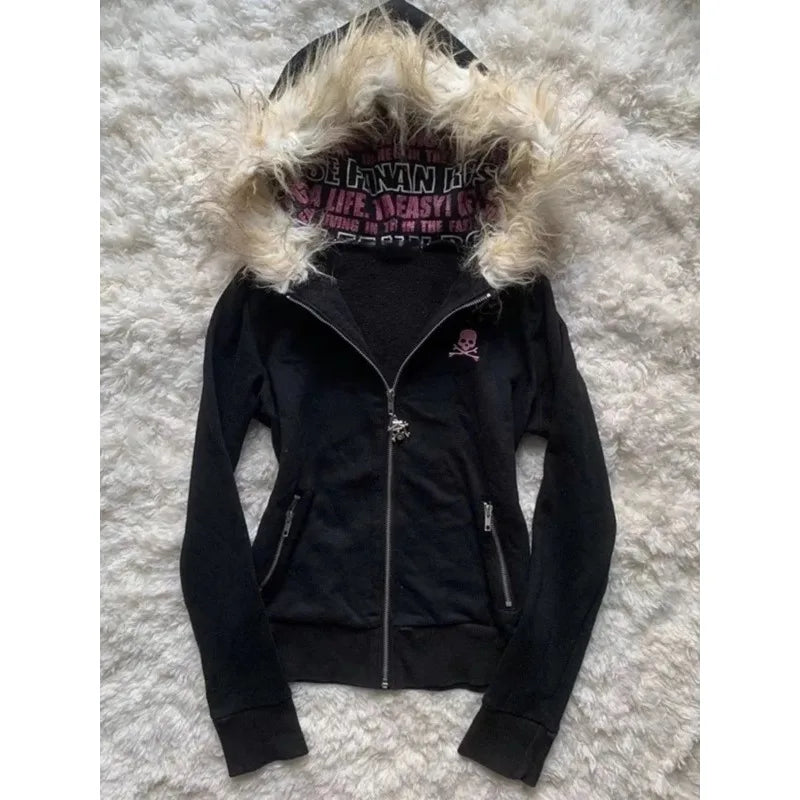 maoxiangshop  -  Y2k Warm with Fur Collar Short Fashion Sweatshirts Winter Long Sleeved Couple Tops Solid Zip Up Slim and Versatile Hoodies women