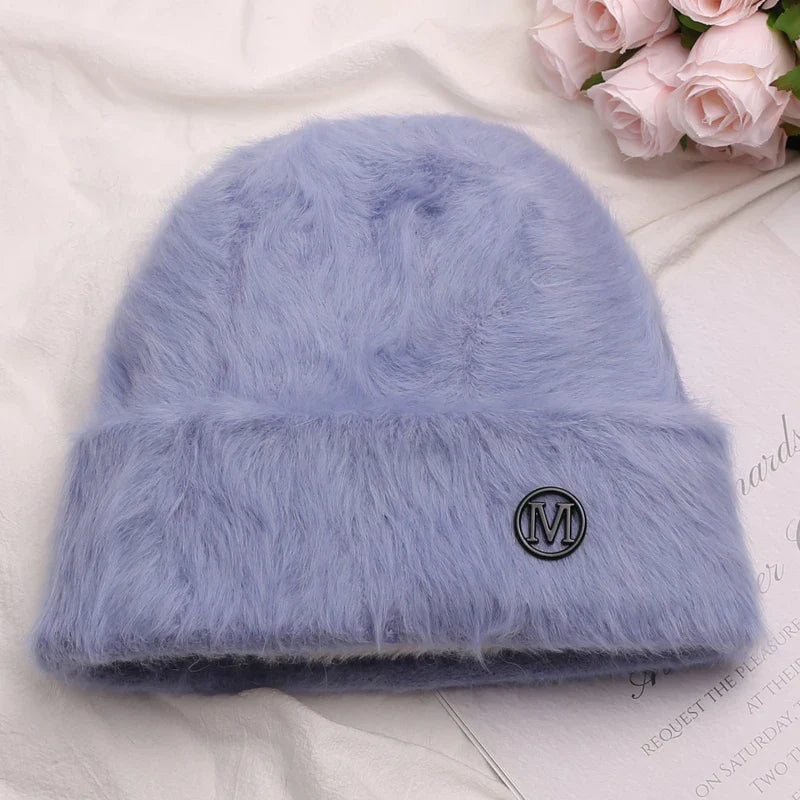 maoxiangshop New Fashion Rabbit Fur Y2k Beanies for Women Soft Warm Fluffy Angola Winter Hat Female Windproof Bonnet Hat Skullies Cap