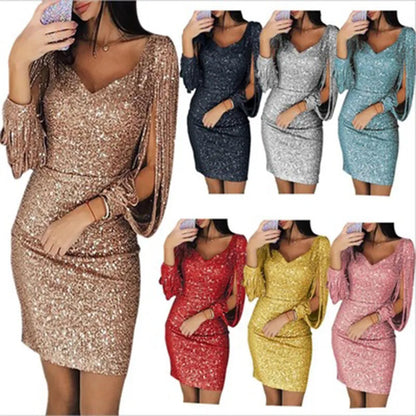 maoxiangshop Women Sequin Dress Glitter Sparkle Sexy Deep V Neck Short Dress Above Knee Length Long Tassel Sleeve