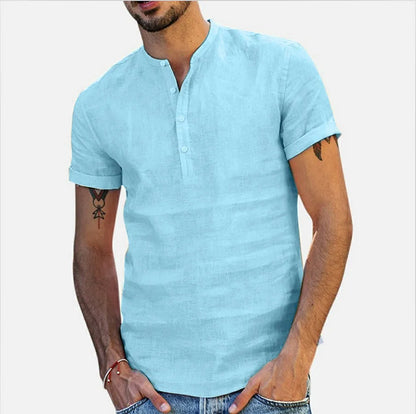 maoxiangshop 2024 New Men's Standing Collar Cotton Linen Short Sleeved Shirt Men's Designer Clothes Popular Tops for Men
