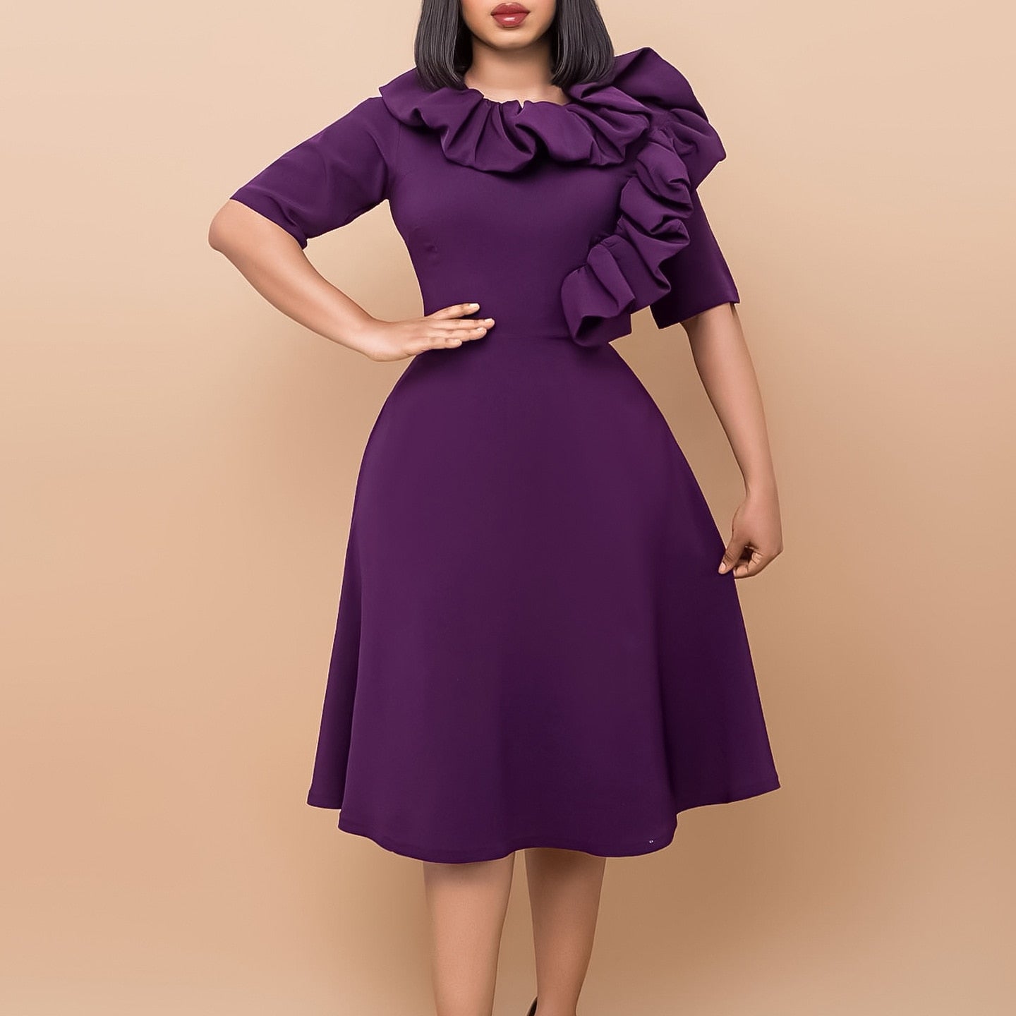 maoxiangshop Elegant Ruffle Work Midi Dress Women Solid Pleated O Neck Half Sleeve High Waist Party Business Cocktail Mid Dresses