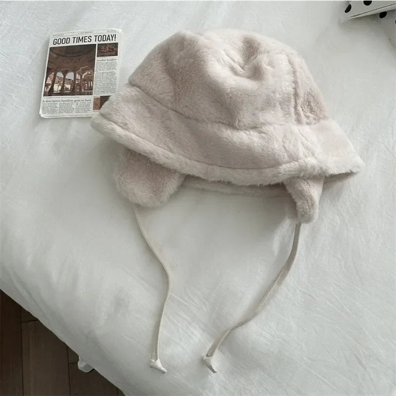 maoxiangshop Korean New Ear Protection Bucket Hats for Women Autumn and Winter Travel Versatile Warm Retro Solid Color Plush Men's Caps