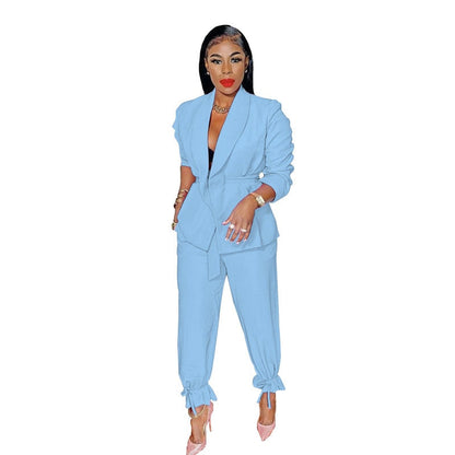 maoxiangshop Causal Solid Two Piece Set Women Fashion Two Piece Outfit Long Sleeve Open Coat Pencil Pants Suit Women Work Suits