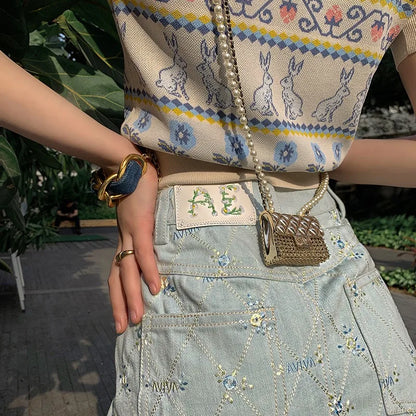maoxiangshop  -  New Flowers Embroidery Women Denim Skirt Floral Summer Autumn Lady Elegant Fashion Students Sweet Tassel Mini Jean Skirts