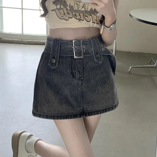 Mini Denim Skirt Women Vintage Sexy High Waist Belt A-line Slim Jeans Skirt Casual Y2K Skort Summer Korean Streetwear