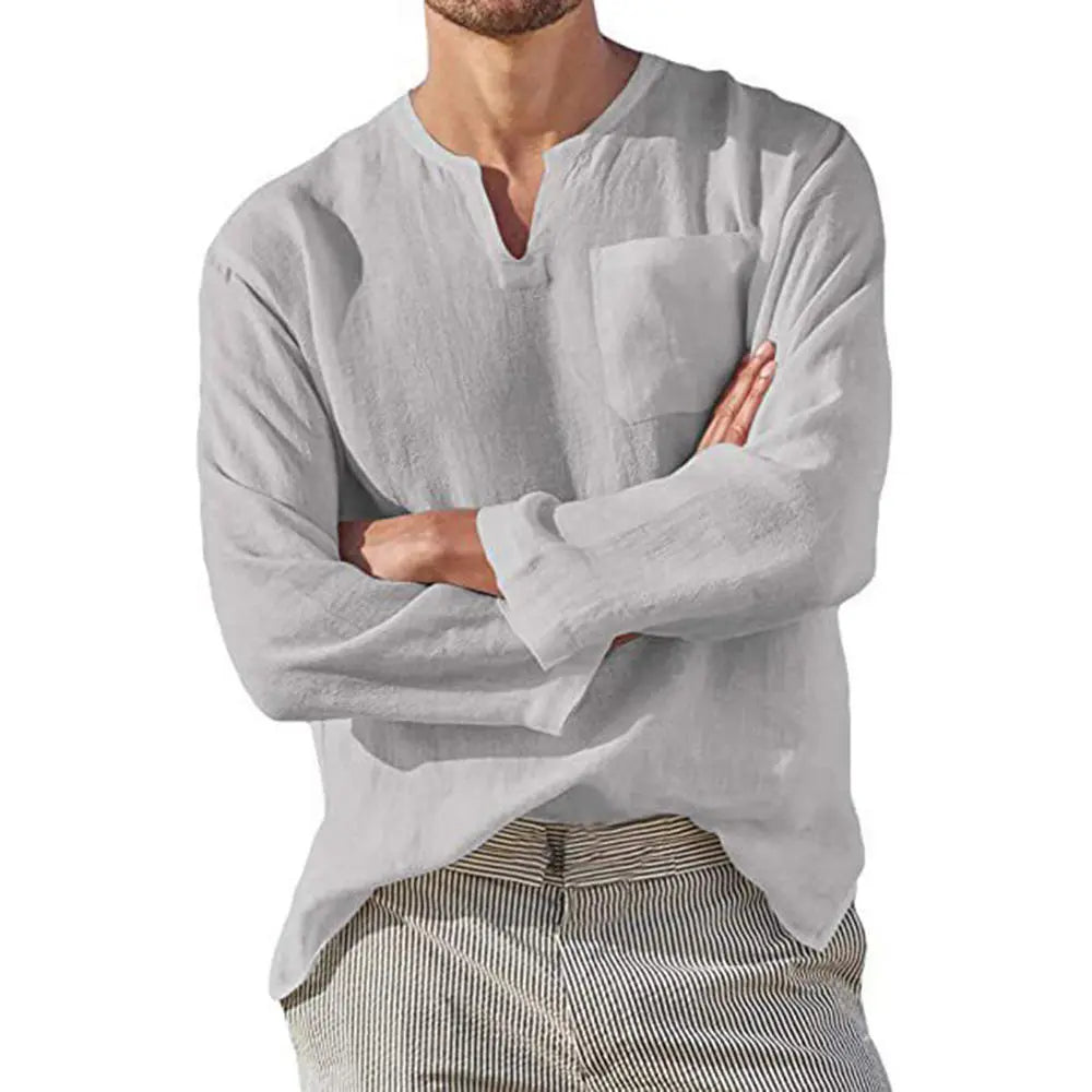 maoxiangshop Men Casual Cotton Linen ShirtsStanding Collar Male Solid Color Long Sleeves Loose Tops Spring Autumn Handsome Men's Shirts