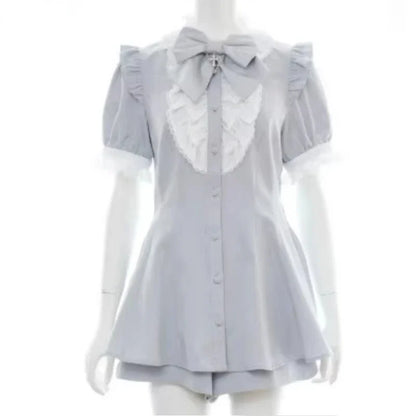 maoxiangshop  -  Japanese Style Gothic Y2k Lolita Plaid Rhinestone Bow Dress Shorts Set Sweet Women Puff Short Sleeve Button Shirt Party Dresses