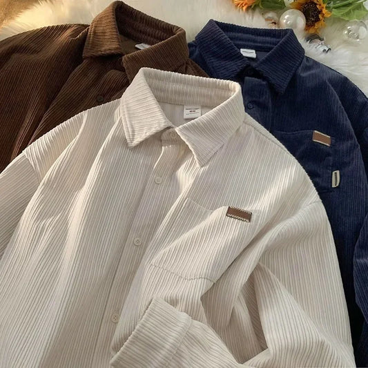 maoxiangshop Korean Fashion Long Sleeve Corduroy Sweatshirts Men Clothing Retro Spring and Autumn Casual Turn Down Collar Shirts