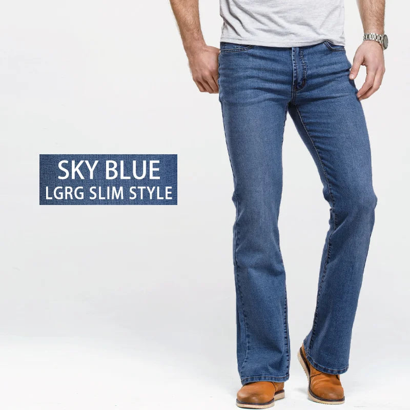 maoxiangshop  Mens Boot Cut Jeans Slightly Flared Slim Fit Blue Black Trousers Designer Classic Male Stretch Denim Pants