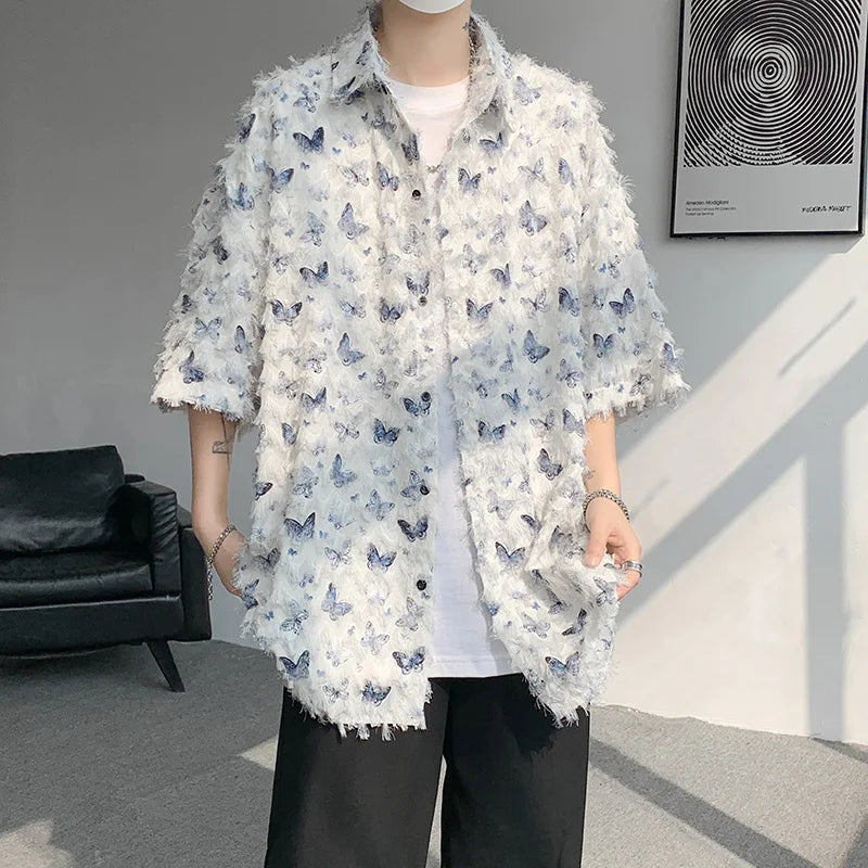 maoxiangshop Summer Butterfly Tassel Splice Shirt Men Loose Casual Short Sleeve Shirts Women Oversize Streetwear Boy Girl Blouses White