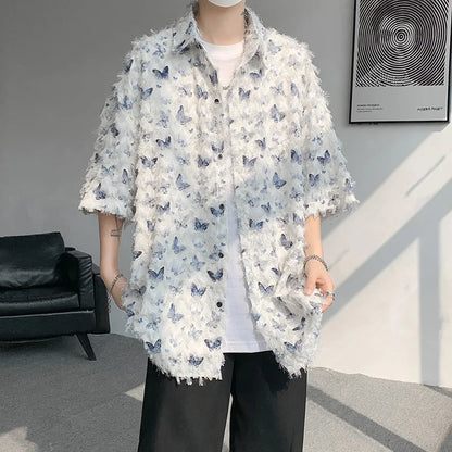 maoxiangshop Summer Butterfly Tassel Splice Shirt Men Loose Casual Short Sleeve Shirts Women Oversize Streetwear Boy Girl Blouses White