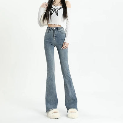 Vintage Flared Stretch Jeans Women High Waist Skinny Boot Cut Gray Denim Pants Y2K Punk Streetwear Wide Leg Trousers