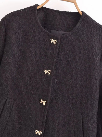 maoxiangshop  -  Fashion O-Neck Women Jacket Coat 2024 Female Autumn Chic Bow Button with Pockets Outerwear Lady New Black Jackets Coats