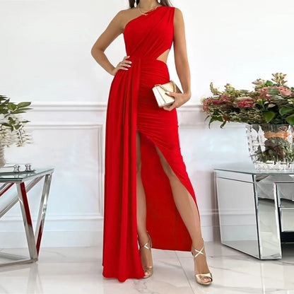 maoxiangshop Women Long One Shoulder Elegant Evening Dress Flower Fashion Elegant Dress Party Festive Casual Long Black Dresses for Women