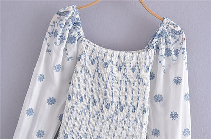 maoxiangshop Spring Summer Vintage New Fashion Women Embroidered Elastic Square Neck Puff Long Sleeve Short Mini Dress