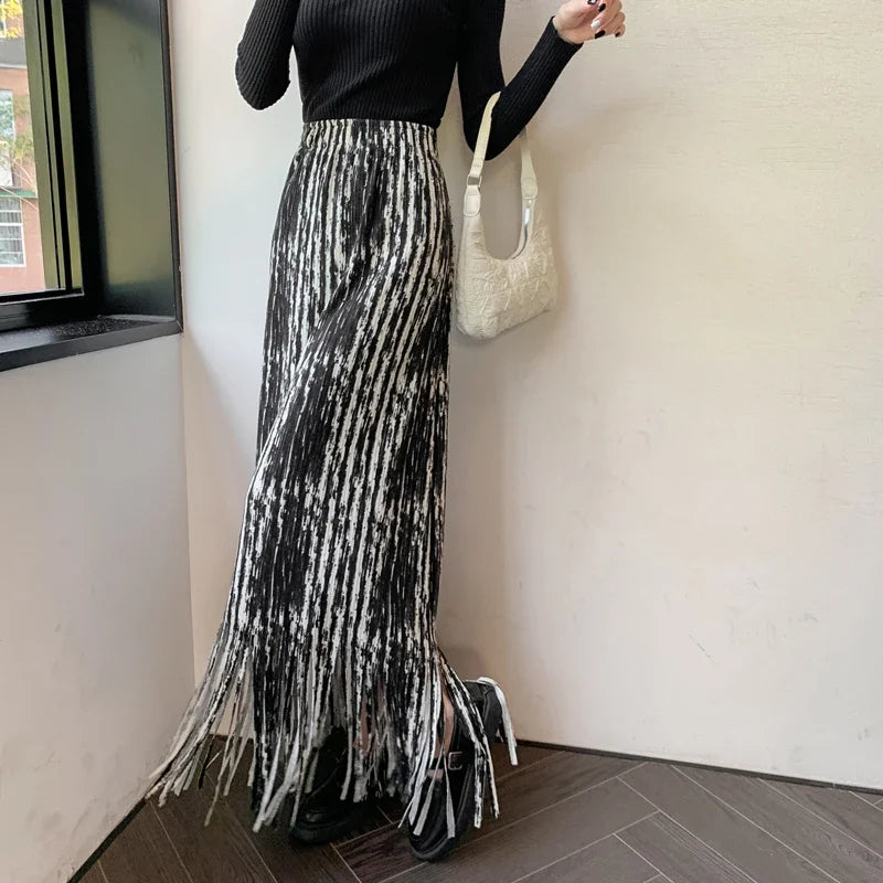 maoxiangshop French Chic Long Skirts for Women Tie-dye Printed Tassel High Waist Female Sheath Skirt Ladies Streetwear Maxi Skirt