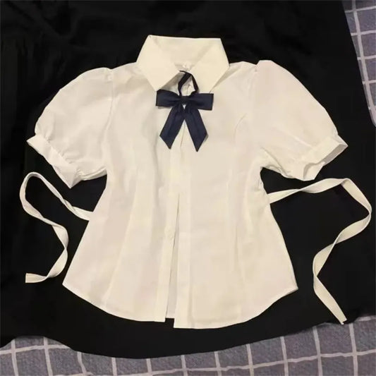 maoxiangshopKorean Fashion  New Spring/Summer Sexy Girl Short Sleeve Preppy Style Slim JK Bandage Shirt Women's Bow Tie Neck Blouse Top