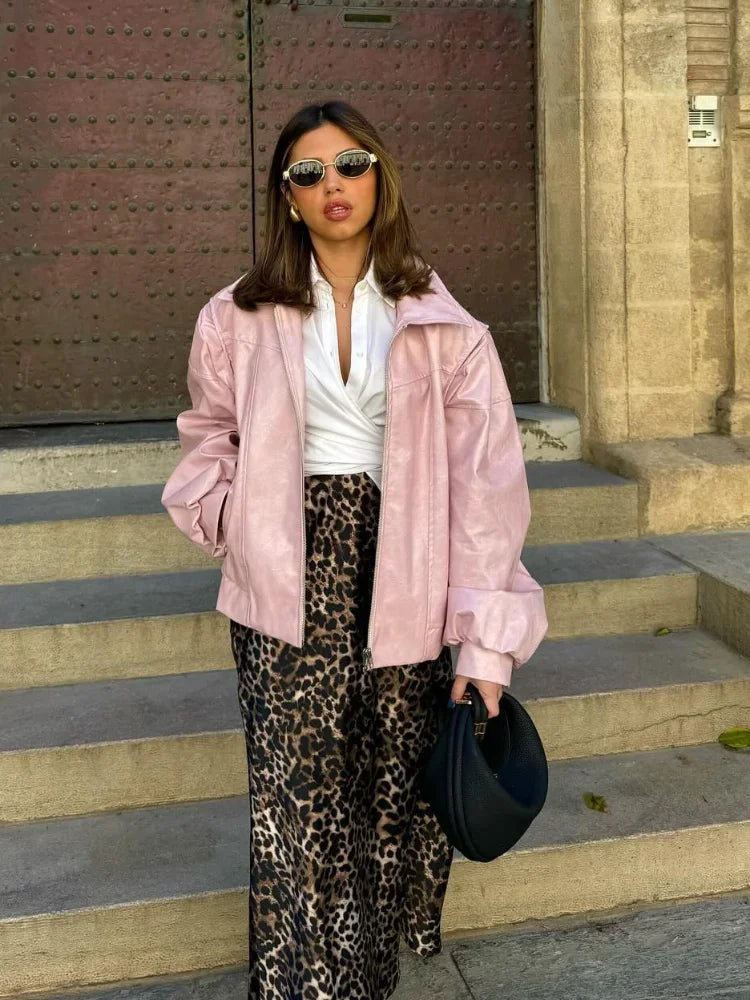 maoxiangshop  -  Chic Women Solid Pink Short Leather Jacket Elegant Lapel Lantern Long Sleeves Zipper Crop Coat Autumn Lady Commuting Outerwear