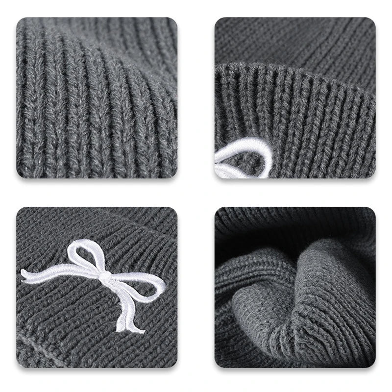 maoxiangshop  -  Winter Knitted Hat for Women Girls Bow Embroidery Woolen Beanies Korean Y2K Bowknot Hip Hop Caps Thick Elastic Ear Warmer Bonnet