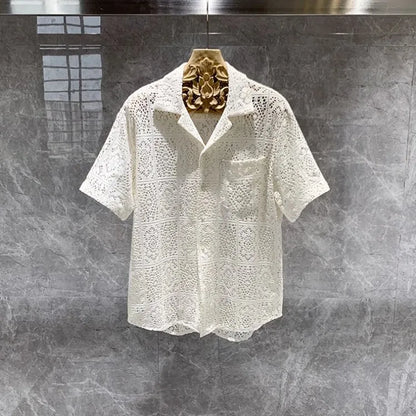 maoxiangshop Summer Mens Hollow Out Crochet Beach Shirt Short Sleeve Single Breasted Loose Fit Tops Vintage Breathable Night Clubwear Shirts