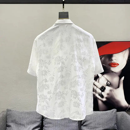 maoxiangshop Men High Quality Vintage Flower Casual Streetwear Y2K Button Shirts Trendy Lapel Black White Loose Short Sleeve Tops Ropa Hombre