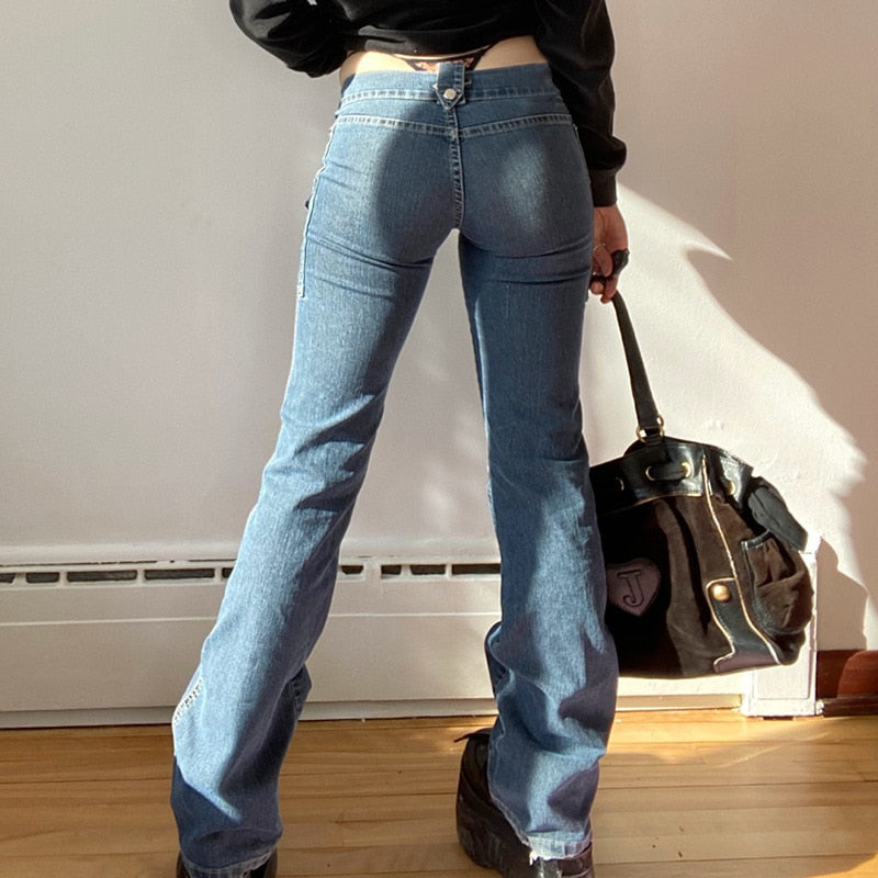 maoxiangshop Y2K Aesthetics Retro Buttons Full Length Blue Denim Pants Women Slim Streetwear 2000s Cute Pockets Trim Low Rise Jeans