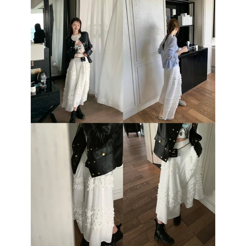 maoxiangshop Irregular Pleated Skirt Solid Color Elastic High Waist Stitching Ruffled Woman Skirt Simple Fashion  Autumn New