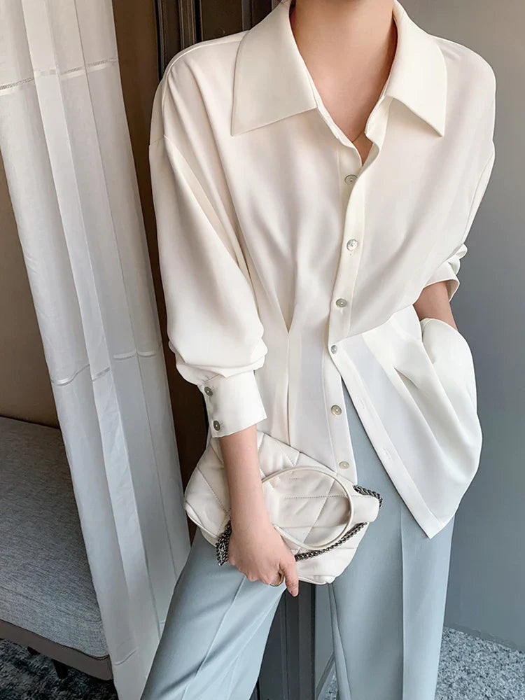 maoxiangshop Blouses Women Chiffon Shirts Long Sleeve Shirring Design Spring Summer All-match Elegant Graceful Chic Defined Waist Mature Lady