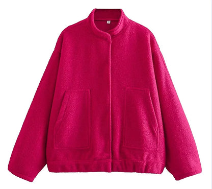 maoxiangshop -  Solid Bombers Jackets Coat For Women Loose Long Sleeve With Button Outwear Tops Autumn Fashion Casual Female Pocket Jacket