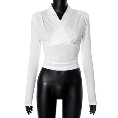 maoxiangshop  -  Cross-Neck Slim Long Sleeve Crop Top For Women Elegant Ruched Solid T shirt Autumn Fashion Versatile Female Pullovers
