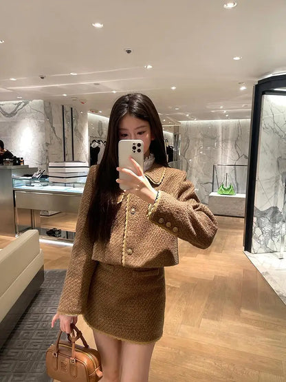 maoxiangshop  -  Autumn/Winter Women Suit Polo Collar Short Coat A-line Mini Skirt Set High End Fashion Navy Blue Two Piece Sets Women Outfits