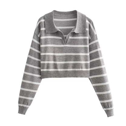 maoxiangshop HH TRAF 2023 Autumn Woman Long Sleeve Striped Knitwear Cropped Sweaters for Women Ribbed Knitted Sweater Basic Women's Sweater
