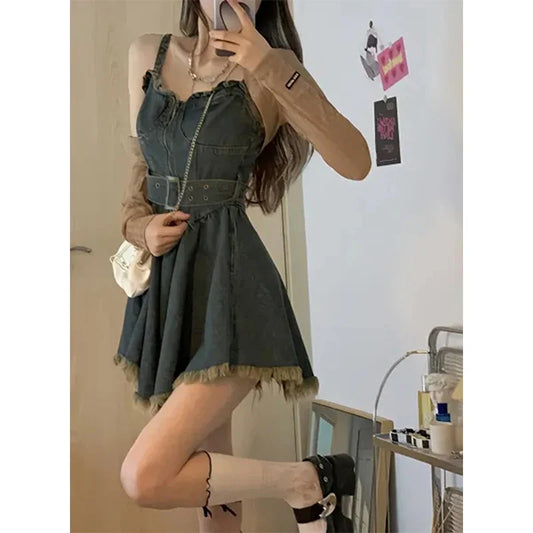 Y2K Belt Denim Mini Dress Women Vintage Irregular Tassel Spaghetti Strap Jeans Dresses Streetwear A Line Tunic Vestidos