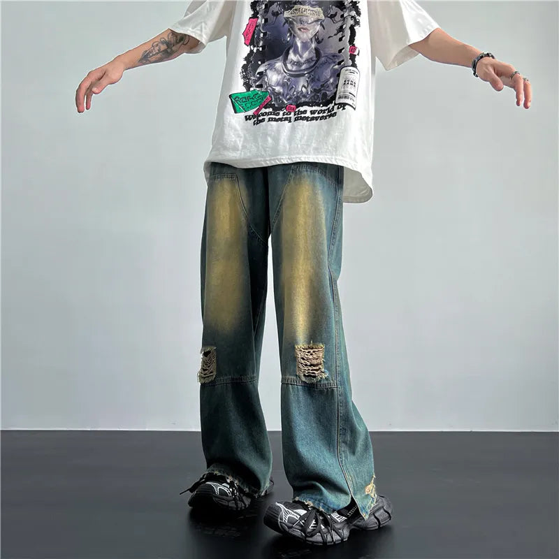 maoxiangshop Men's Hip Hop Ripped Hole Jeans Korean Handsome Casual Pants High Street Straight Loose Wide Leg Jeans Vintage Blue Baggy Jeans