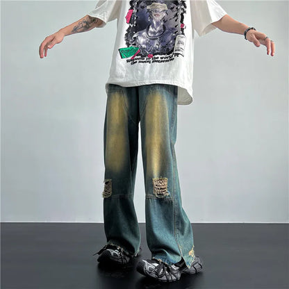 maoxiangshop Men's Hip Hop Ripped Hole Jeans Korean Handsome Casual Pants High Street Straight Loose Wide Leg Jeans Vintage Blue Baggy Jeans
