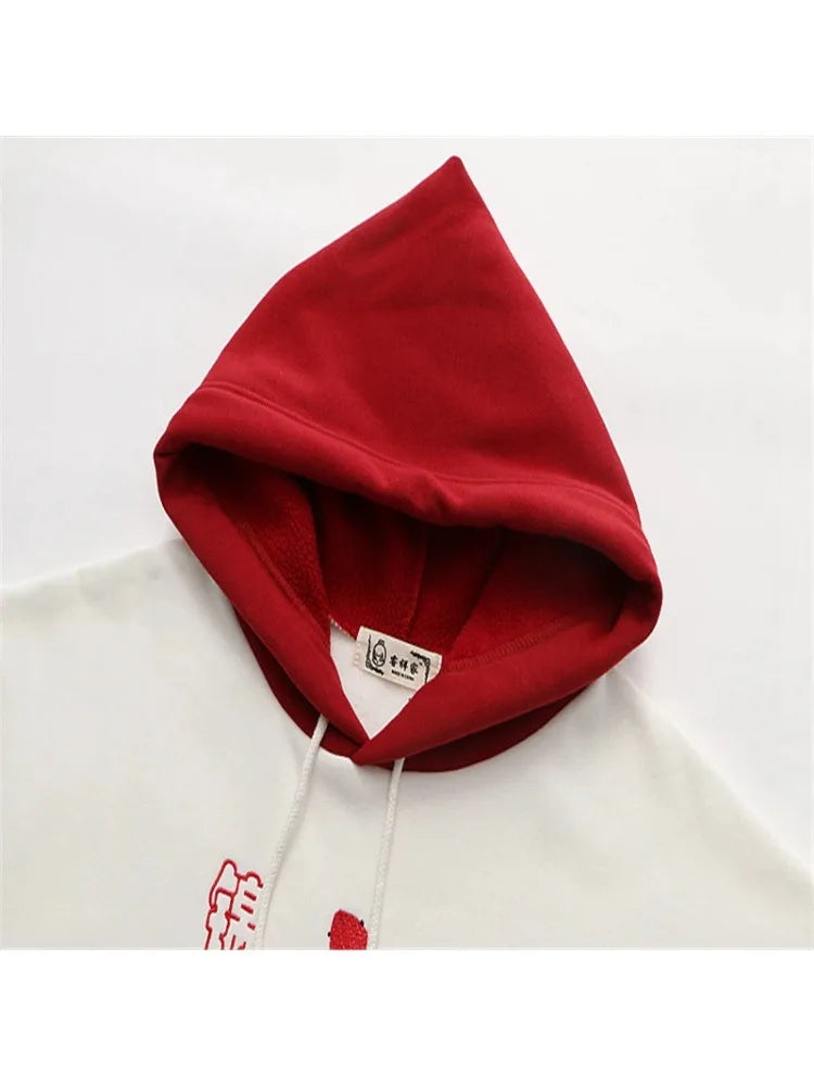 maoxiangshop Fleece Women's Hooded Sweatshirt Cartoon Embroidery Hoodies Flare Sleeve Pullover Tracksuits Winter Clothes For Sweet Girl
