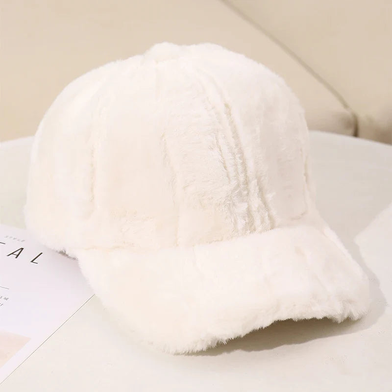 maoxiangshop New Fluffy Baseball Cap For Men Women Winter Thick Plush Peaked Hat Faux Fur Duck Tongue Caps Warm Ear Protection Bonnet