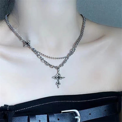 maoxiangshop Gothic Vintage Y2K Red Glass Heart Star Cross Pendant Pearl Bead Necklace For Women Men Aesthetic 90s Grunge Accessories Jewelry