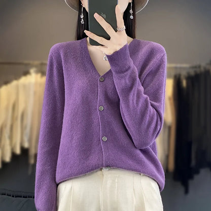 maoxiangshop New Fashion Spring Autumn 100% Merino Wool Women's V-neck Cardigan Cashmere Sweater 2024 Female Knitwear Clothing Korean Tops