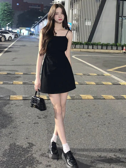 maoxiangshop Dresses Women Hotsweet Spaghetti Strap Fashion Hollow Out Chic Summer Casual Streetwear Mini Korean Style Female Black Ulzzang