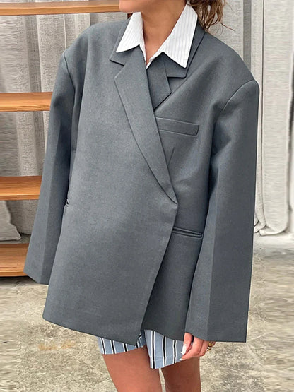 maoxiangshop  -  Loose Slanted Placket Suit Jacket Women Autumn Oversize Solid Suits Coat Female Elegant Casual Hidden Button Lapel Slit Coats
