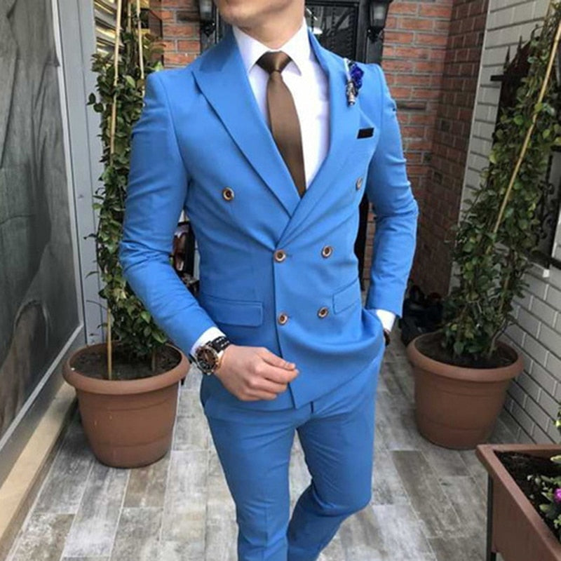 maoxiangshop Slim fit Double Breasted Suit for Men 2 Piece Light Blue Wedding Tuxedo for Groom Peaked Lapel Custom Man Fashion Costume