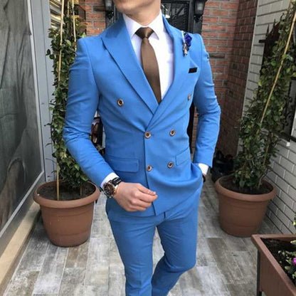 maoxiangshop Slim fit Double Breasted Suit for Men 2 Piece Light Blue Wedding Tuxedo for Groom Peaked Lapel Custom Man Fashion Costume
